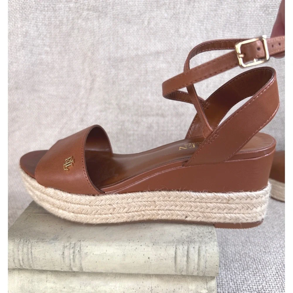 Lauren Ralph Lauren Delores Espadrille‎ Wedge Sandals Brown Leather 7B